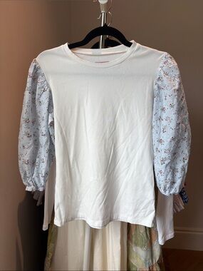 Women’s White Crewneck Top with Light Blue Floral Puff Sleeves